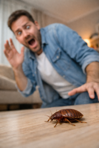 Persoană surprinsă de prezența unei insecte în interiorul unei locuințe
